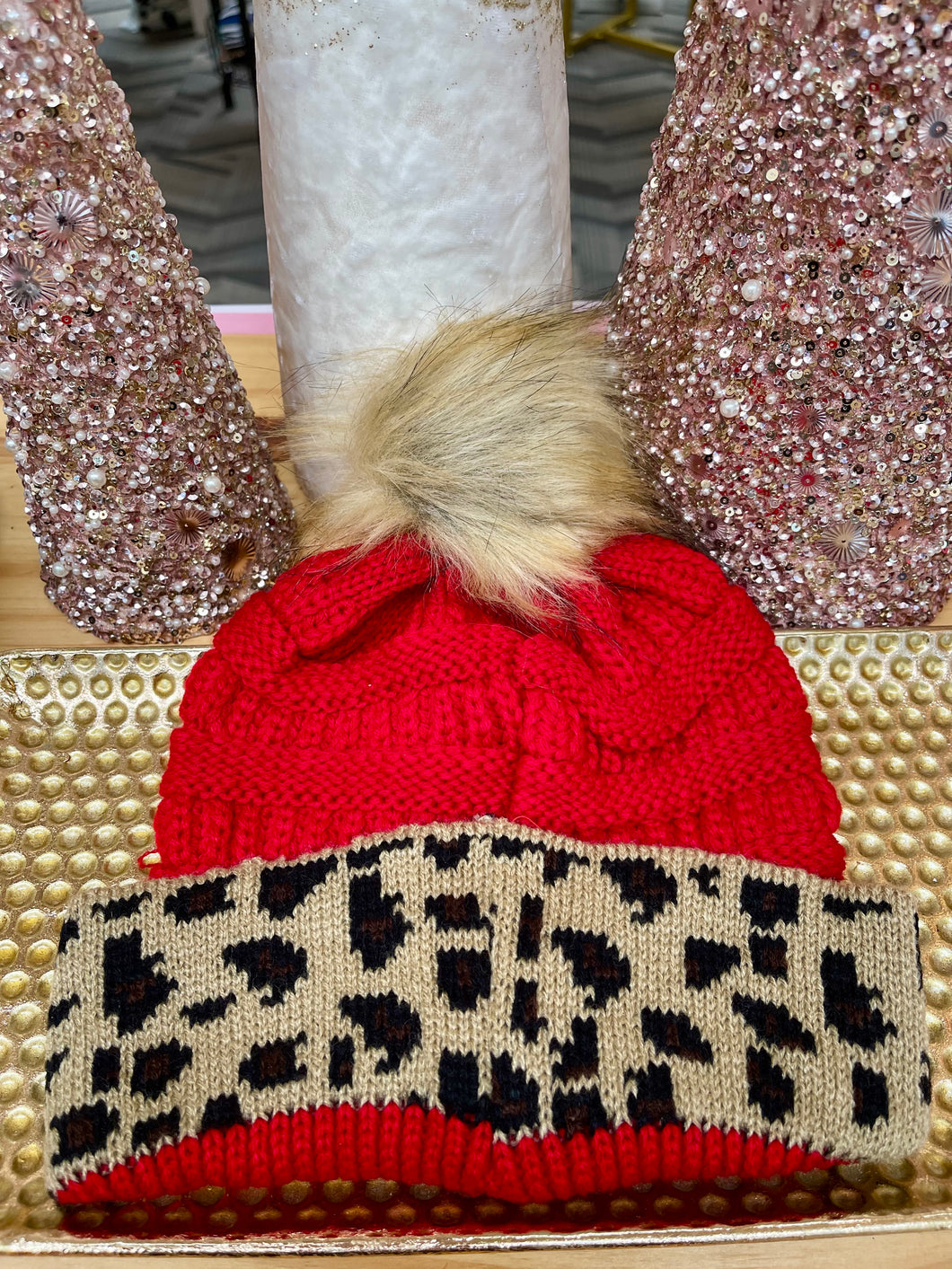 Leopard Beanie with Fuzz